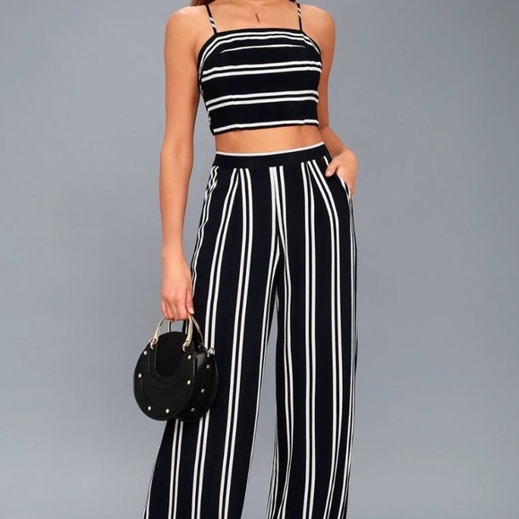 Lulus Pants - LULU'S Navy White Coastal Living 2 Piece Striped Jumpsuit Size M EUC